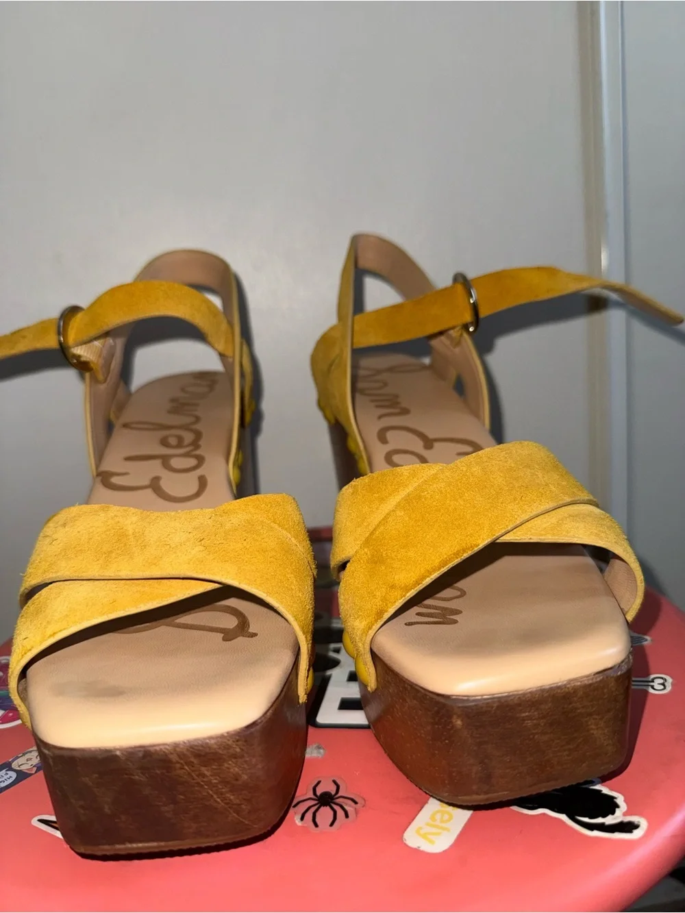 Sam Edelman Mustard Yellow Suede Platform Sandals with Wood-Look Block Heel
